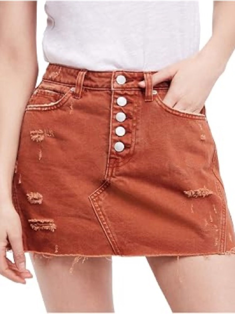 Free People We The Free Deconstructed Denim Mini Skirt Rust Brown Distressed 30